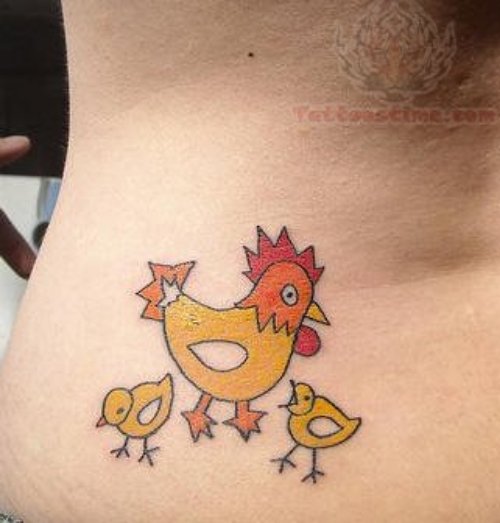 Hen and Chicken Tattoos On Lower Back